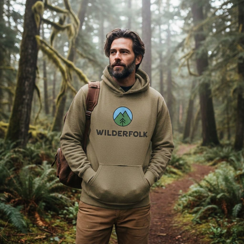 A person wearing a Wilderfolk hoodie on a forest trail