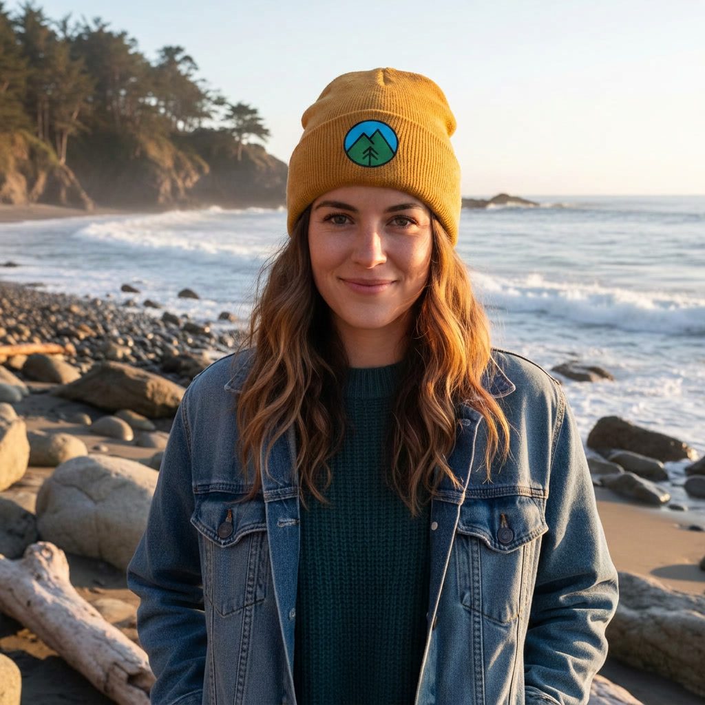 A mustard wool watch cap with the Wilderfolk mark, worn on the coast