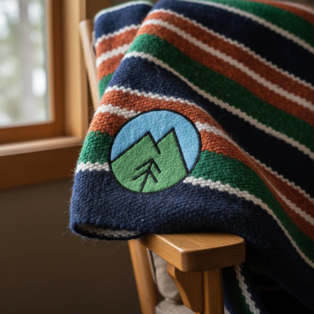 A striped wool camp blanket with the Wilderfolk mark, over a chair